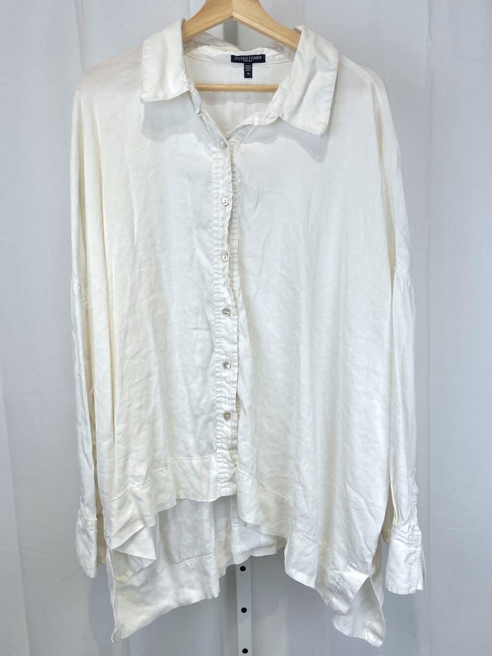 EILEEN FISHER Boxy Button Up Shirt Long Sleeve Linen Viscose White 1X Plus